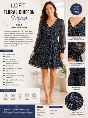 New! LOFT Floral Chiffon Dress Sz 6 Navy‎ Blue Sheer Sleeve Lined Mini Dress NWT